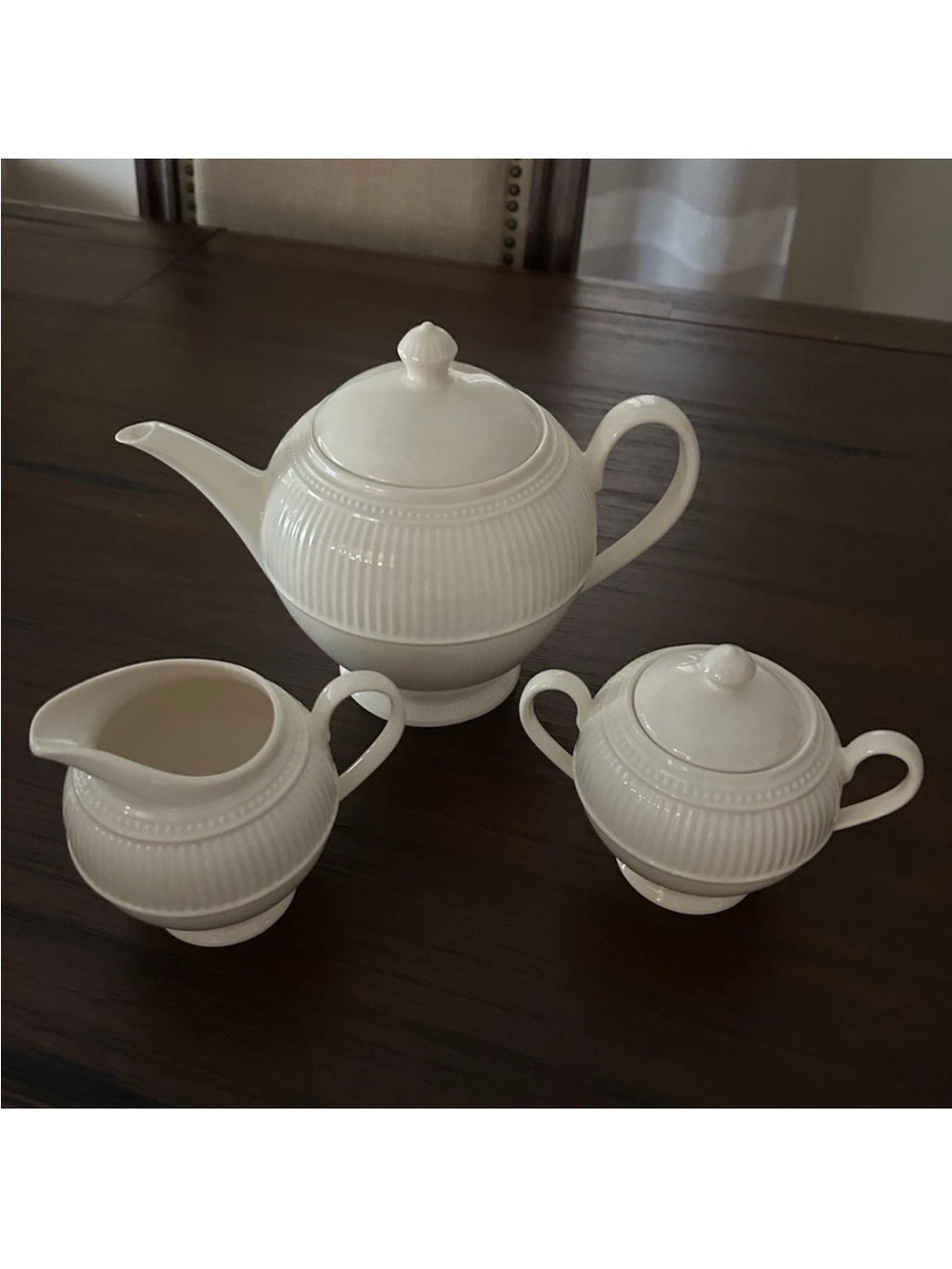 Wedgwood White Ribbed Porcelain Tea Set - Teapot, Creamer & Sugar
